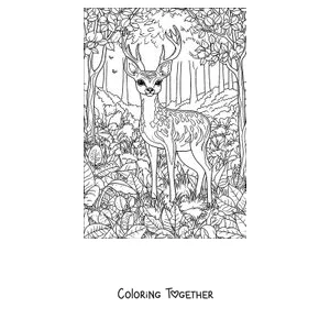 Coloring page of a deer among the forest leaves
