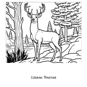 Coloring page of an adult deer by the river