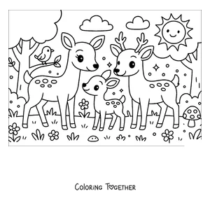 Coloring page of a deer family in the forest