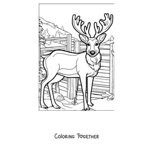 Coloring page of a deer with big antlers by a fence