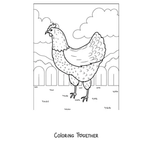 Coloring page of a detailed hen walking in the farmyard