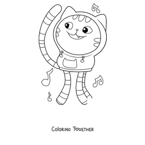 Coloring page of DJ Catnip dancing among musical notes