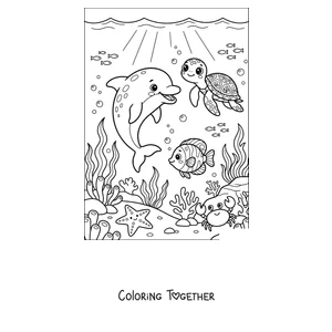 Coloring page of a dolphin playing with a sea turtle