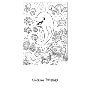 Coloring page of a dolphin exploring the seabed with a treasure chest
