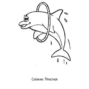 Coloring page of a dolphin jumping through a hoop