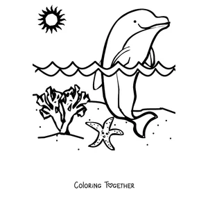 Coloring page of a dolphin leaping in front of the sun