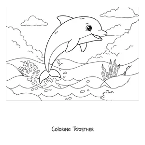 Coloring page of a dolphin leaping over the sea