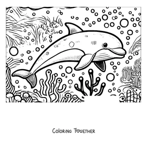 Coloring page of a dolphin swimming in the coral reef