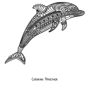 Coloring page of a dolphin decorated with mandalas