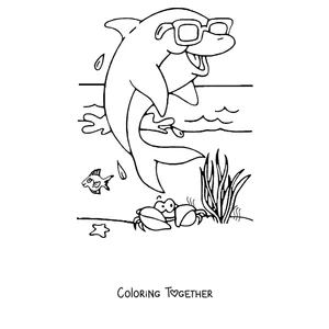 Coloring page of a dolphin with sunglasses at the beach