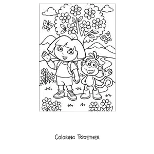 Coloring page of Dora the Explorer and Boots in a field of flowers
