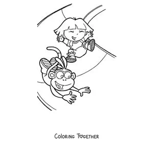 Coloring page of Dora the Explorer and Boots swinging on a vine
