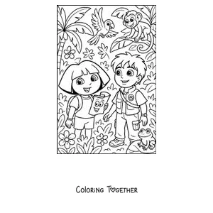 Coloring page of Dora the Explorer and her cousin Diego in the jungle