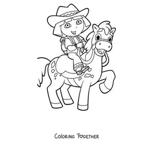 Coloring page of Dora the Explorer dressed as a cowgirl riding a horse