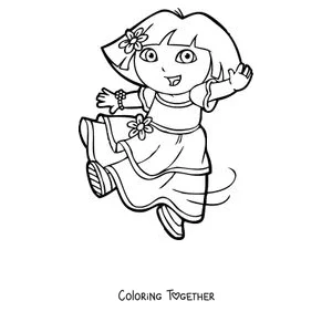 Coloring page of Dora the Explorer dancing with a flower in her hair