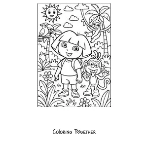 Coloring page of Dora the Explorer exploring the jungle with a parrot