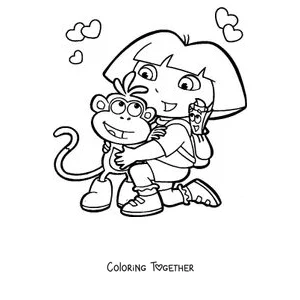 Coloring page of Dora the Explorer hugging Boots with an ice cream