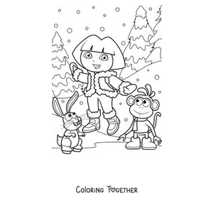 Coloring page of Dora the Explorer in the snow with Boots and a rabbit