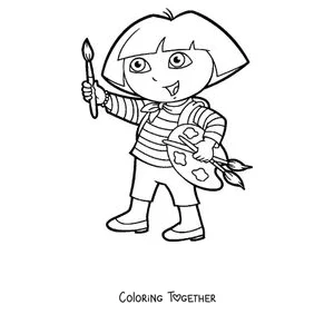 Coloring page of Dora the Explorer painting with a palette and a brush