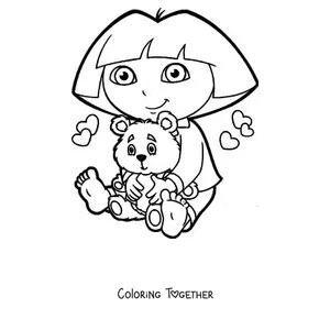 Coloring page of Dora the Explorer hugging a teddy bear