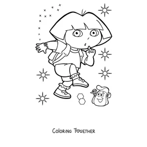 Coloring page of Dora the Explorer with her backpack among stars
