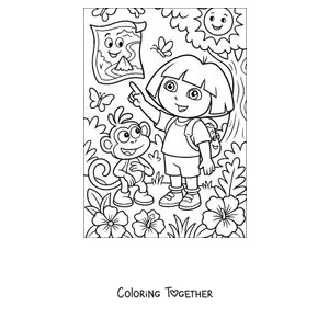 Coloring page of Dora the Explorer pointing at the Map next to Boots