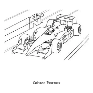 Coloring page of a Formula 1 car at full speed with motion lines