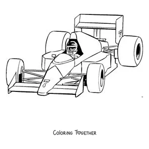 Coloring page of a Formula 1 car with its driver sitting in the cockpit