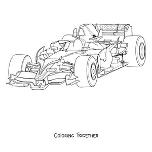 Coloring page of a Formula 1 car seen in a front three-quarter view
