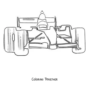Coloring page of a Formula 1 car seen head-on with the driver
