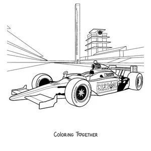 Coloring page of a Formula 1 car racing on the circuit in front of the grandstands