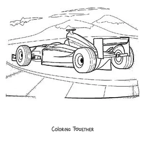 Coloring page of a Formula 1 car seen from behind with the circuit scenery