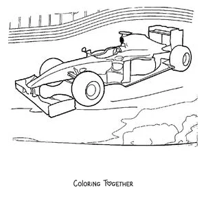 Coloring page of a Formula 1 car seen from the side racing on the track