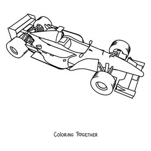 Coloring page of a Formula 1 car speeding out of a curve