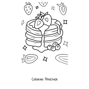 Coloring page of fluffy pancakes with strawberries and blueberries