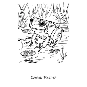 Coloring page of a frog by the pond among lily pads