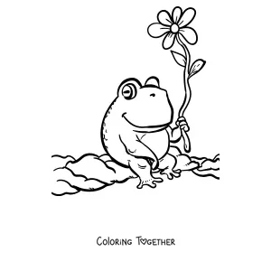Coloring page of a frog holding a flower