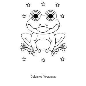 Coloring page of a happy frog on a lily pad surrounded by stars