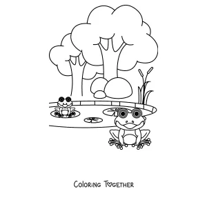 Coloring page of a frog in a mushroom forest