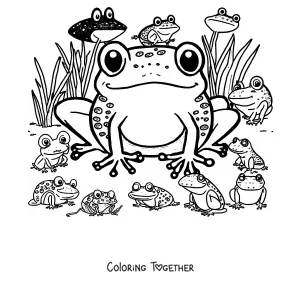 Coloring page of a big frog surrounded by many little frogs