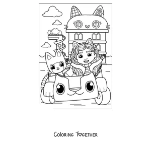 Coloring page of Gabby and Pandy Paws riding in the car Carlita in front of the dollhouse