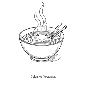 Coloring page of a kawaii ramen bowl with a smiling face