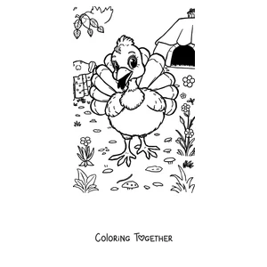 Coloring page of a happy turkey strolling through the meadow