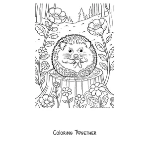 Coloring page of a hedgehog curled into a ball on a tree trunk