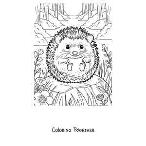 Coloring page of a hedgehog sitting on a log in the forest