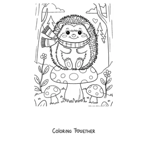 Coloring page of a hedgehog wearing a scarf among the mushrooms