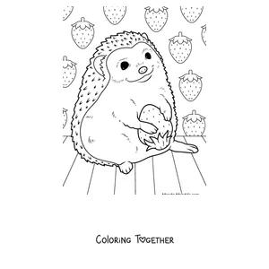 Coloring page of a hedgehog with a twig among the acorns