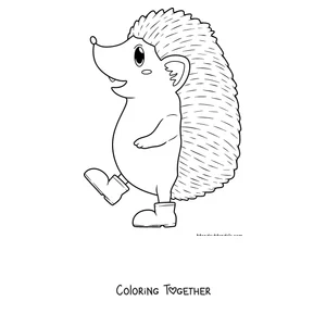 Coloring page of a hedgehog walking on two legs in boots