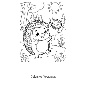 Coloring page of a baby hedgehog playing with a ladybug