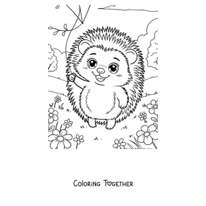 Coloring page of a hedgehog holding a strawberry